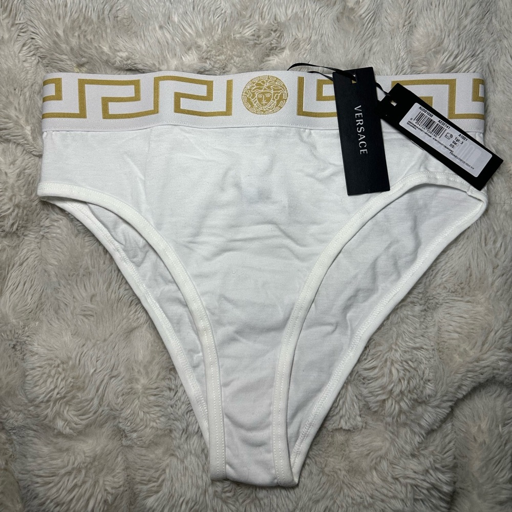 Versace White Cotton High-Leg Brief with Gold Greca Waistband - Picture 5 of 8